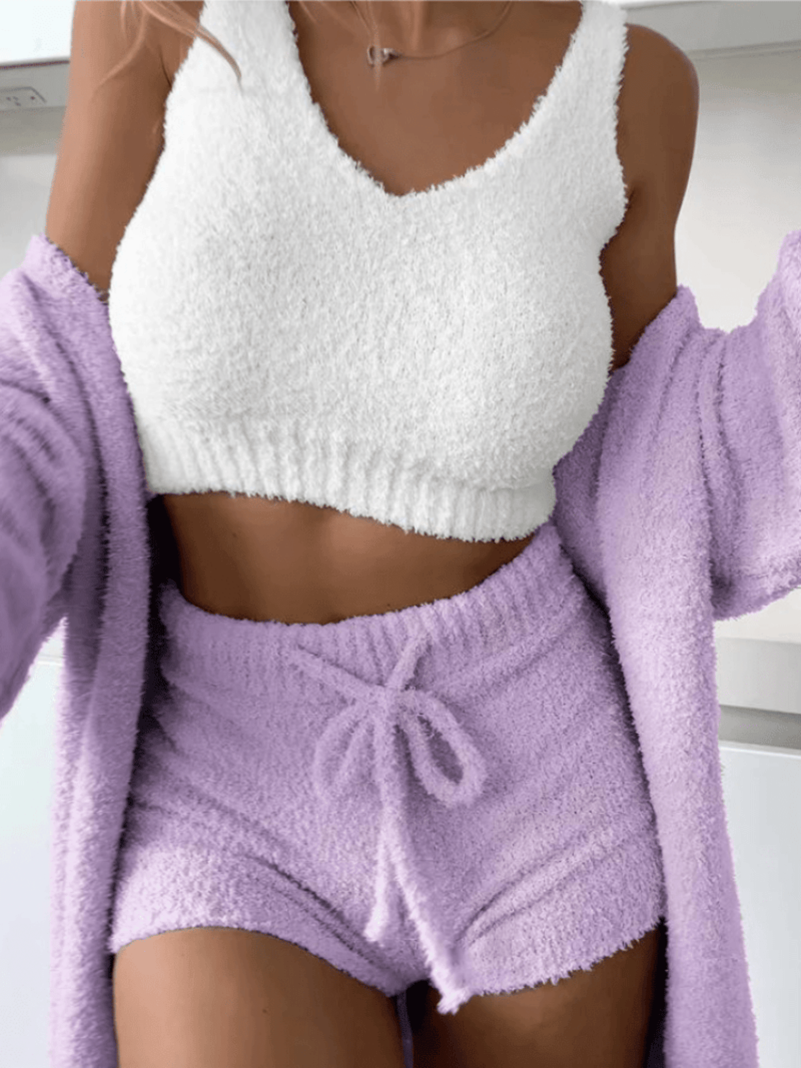 Ensemble Cosy Tricoté avec Cardigan, Brassière et Short (3 pièces)